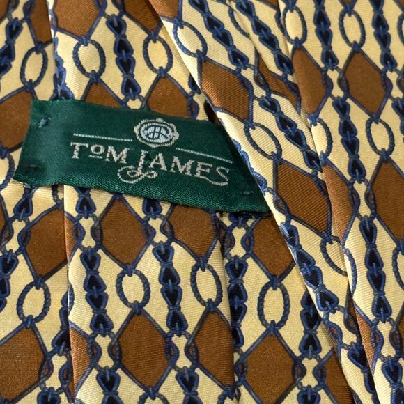 Vintage Tom James Men's Silk Tie Brown Blue Chain Pattern - Picture 3 of 3